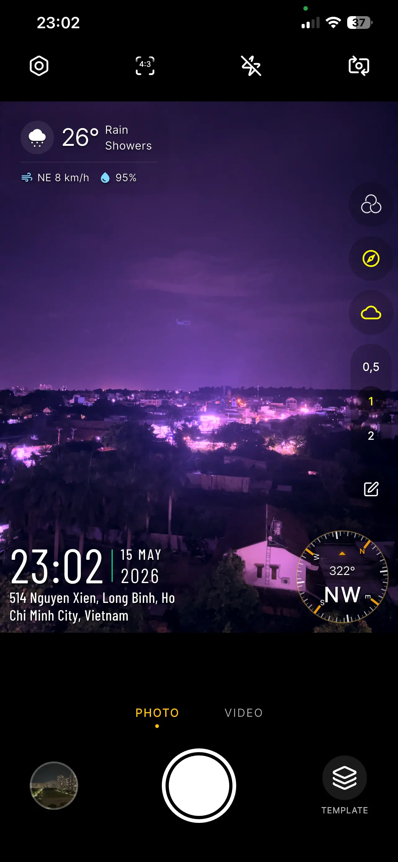 Timiora — live camera with timestamp, GPS, weather and compass overlay