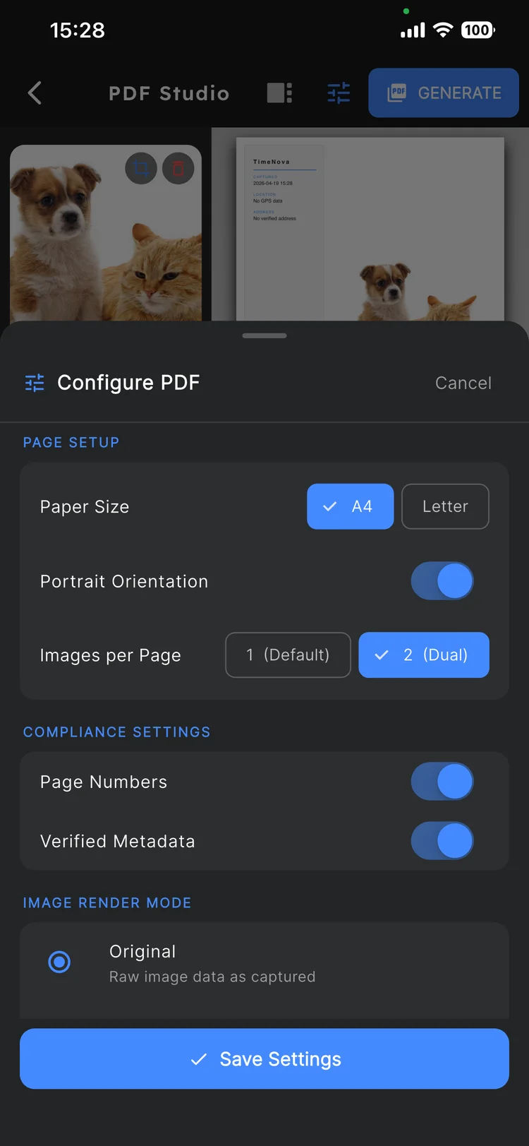 Timiora Configure PDF panel with paper size, orientation and render mode options