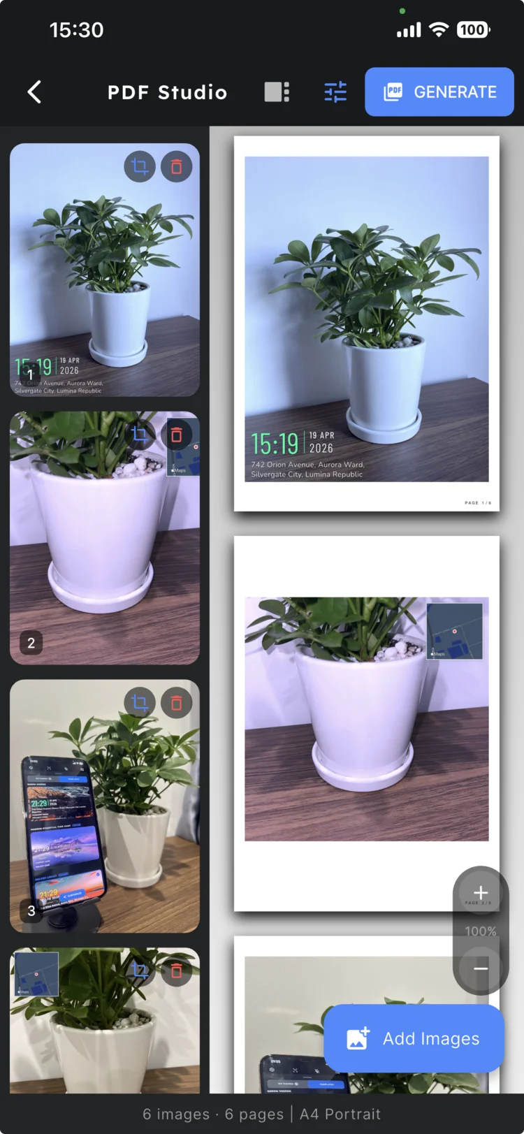 Timiora PDF Studio showing selected photos in reorderable grid