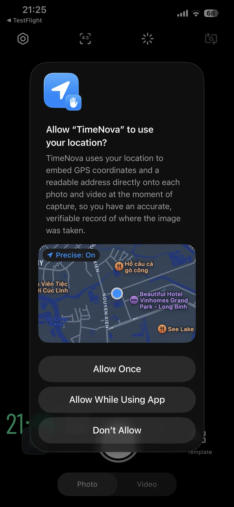 iOS system dialog asking to allow Timiora to access location
