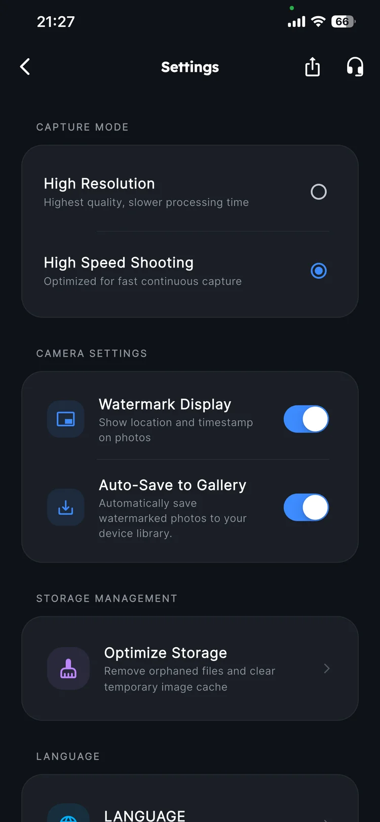 Timiora Settings screen showing Watermark Display ON, Auto-Save ON, High Resolution ON, High Speed Shooting OFF