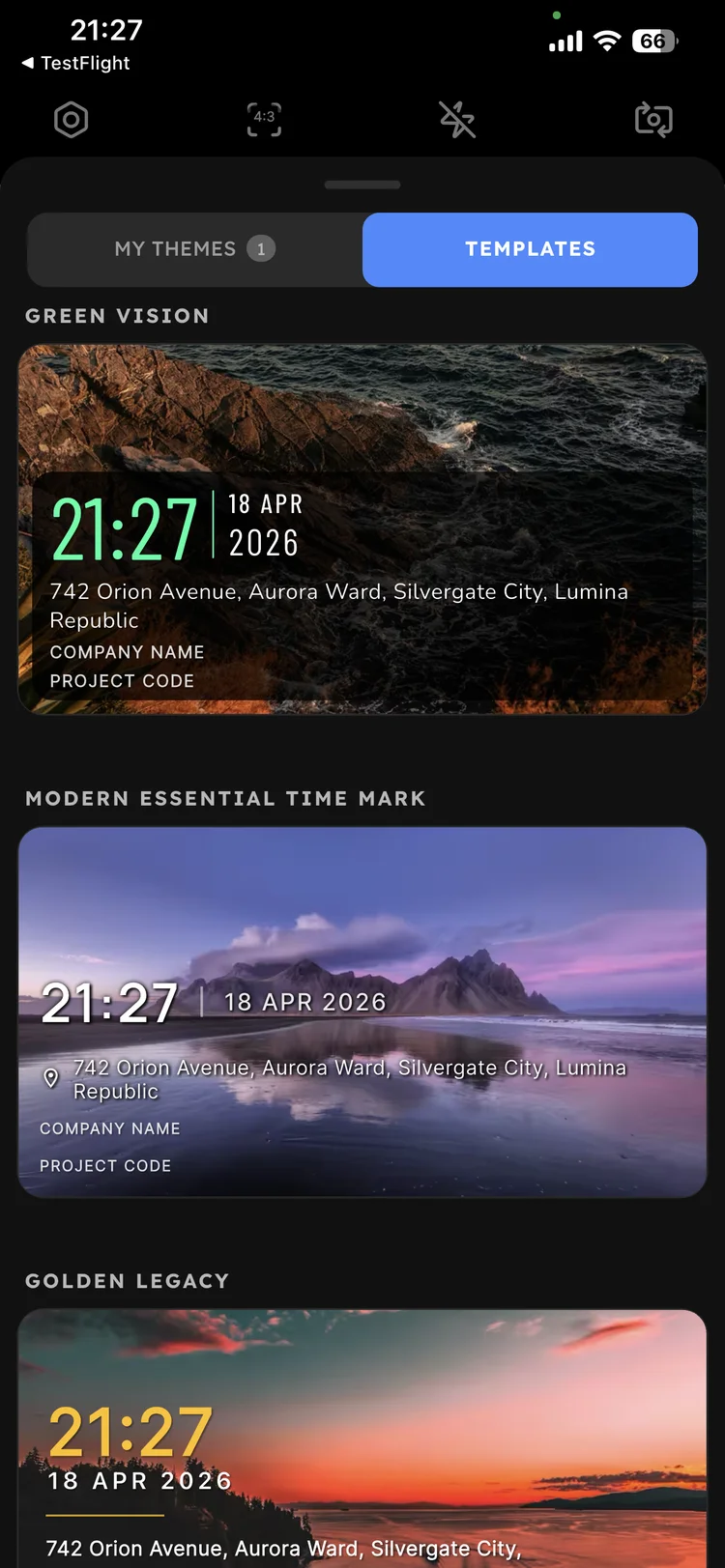 Timiora template gallery showing multiple overlay style options