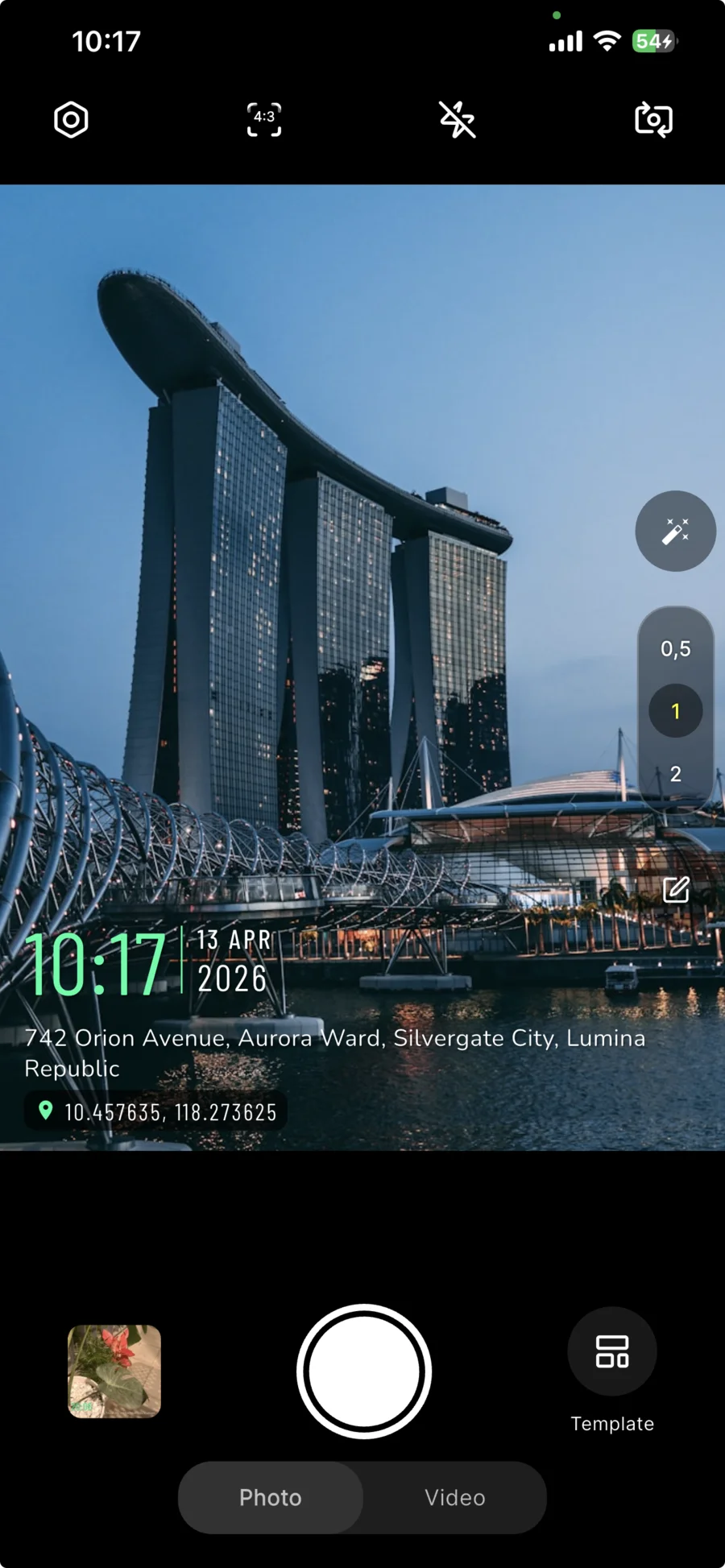 Timiora — Singapore cityscape with GPS & timestamp overlay
