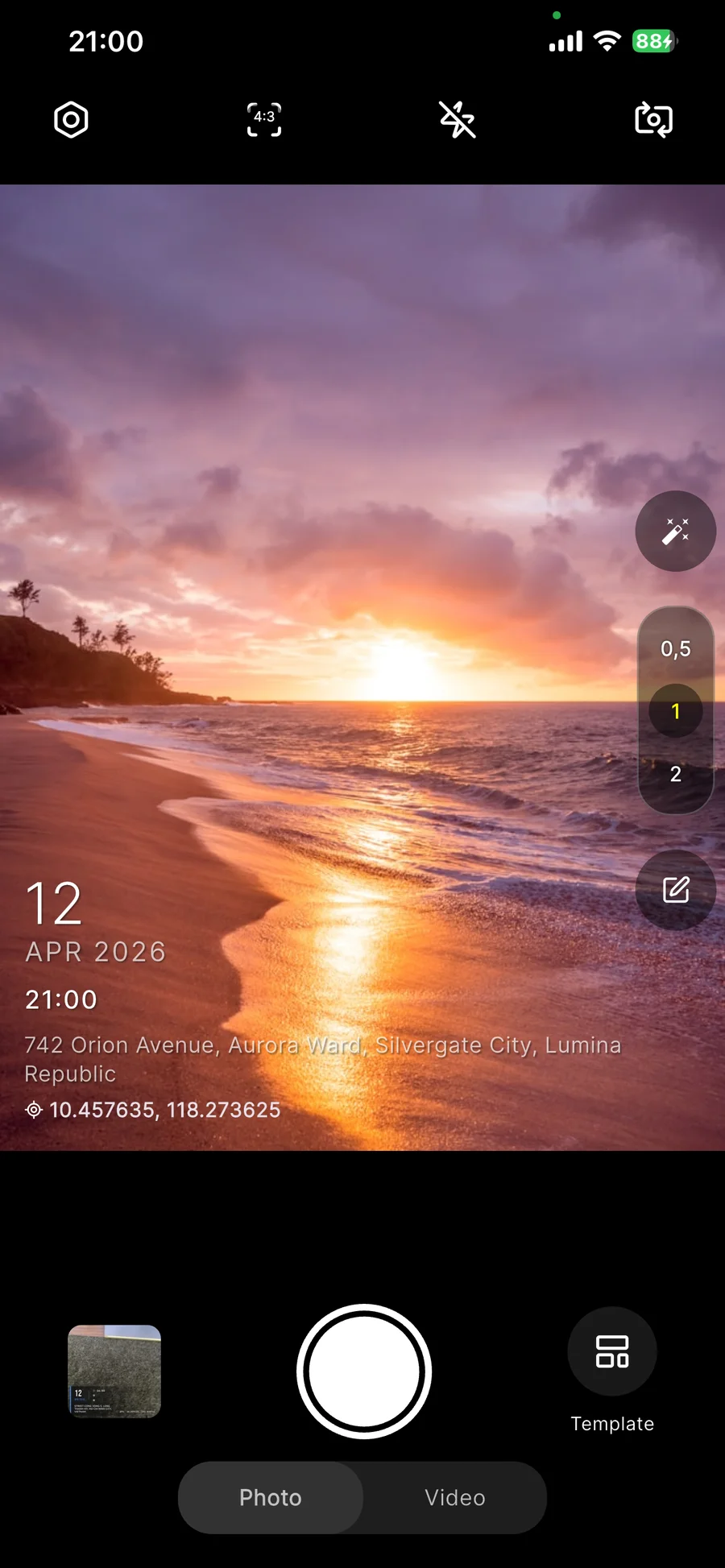 Timiora — beach sunset with timestamp overlay